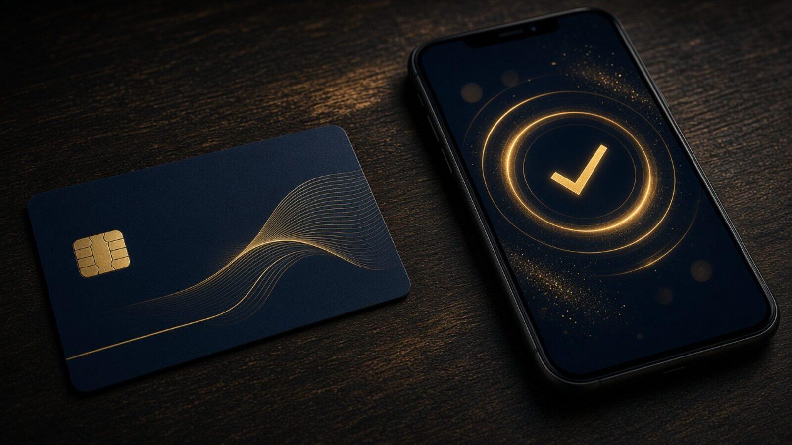 Тёмно-синяя банковская карта рядом со смартфоном после перевода